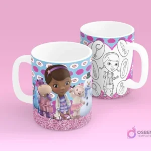 Tazas infantiles con diseño de Dra. Juguetes (Doc McStuffins) a color y para colorear, con sus amigos juguetes