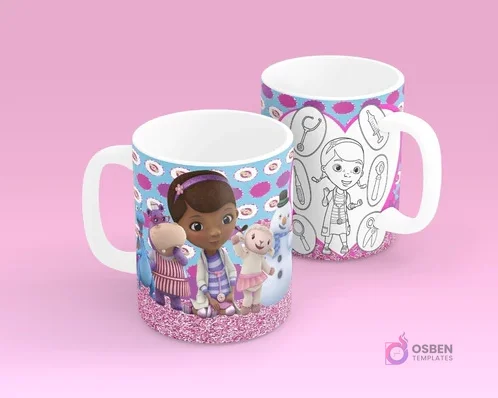 Tazas infantiles con diseño de Dra. Juguetes (Doc McStuffins) a color y para colorear, con sus amigos juguetes Tazas infantiles con diseño de Dra. Juguetes (Doc McStuffins) a color y para colorear, con sus amigos juguetes