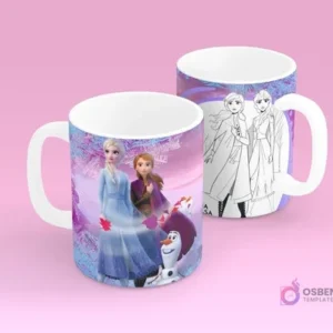 Tazas sublimadas con Elsa, Anna y Olaf de Frozen a color y su versión para pintar, temática Disney