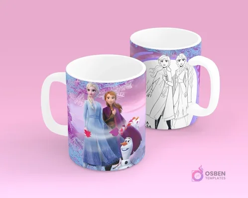 Tazas sublimadas con Elsa, Anna y Olaf de Frozen a color y su versión para pintar, temática Disney Tazas sublimadas con Elsa, Anna y Olaf de Frozen a color y su versión para pintar, temática Disney