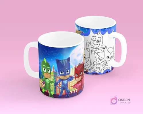 Tazas sublimadas con personajes de PJ Masks a color y para colorear, ideal para pequeños héroes Tazas sublimadas con personajes de PJ Masks a color y para colorear, ideal para pequeños héroes