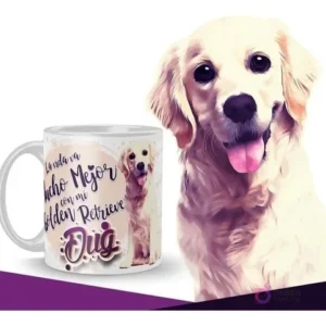 Taza personalizada con diseño de cachorro Golden Retriever y frase 'La vida va mucho mejor con mi Golden Retrieve', junto a una ilustración detallada de un Golden Retriever