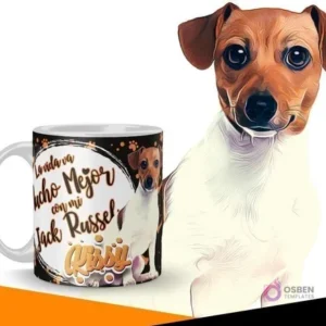 Taza personalizada con diseño de cachorro Jack Russell y frase 'La vida va mucho mejor con mi Jack Russel Rissij', acompañada de una ilustración de un Jack Russell en un fondo oscuro