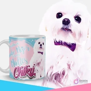 Taza sublimada con diseño de cachorro Maltés y frase 'La vida va mucho mejor con mi Maltés Chiku', acompañada de una ilustración de un perro Maltés con lazo morado