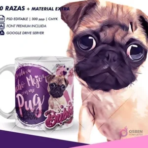 Taza sublimada con diseño de cachorro Pug y frase 'La vida va mucho mejor con mi Pug', junto a una ilustración detallada de un Pug en un fondo morado y rosa