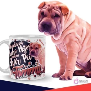 Taza con diseño de cachorro Shar Pei y frase 'La vida va mucho mejor con mi Shar Pei Tommy', al lado de una ilustración de un Shar Pei de color arena