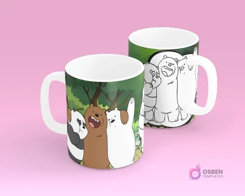 Tazas infantiles con diseño de Los Escandalosos (We Bare Bears) a color y para colorear, escena del bosque Tazas infantiles con diseño de Los Escandalosos (We Bare Bears) a color y para colorear, escena del bosque
