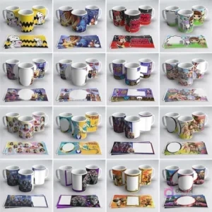 Múltiples tazas sublimadas con Princesas Disney, Mickey Mouse, Minnie Mouse, Cars, Frozen y Moana, con sus plantillas para sublimación.