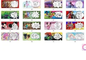 Muestra de 25 diseños infantiles para sublimar tazas, incluyendo personajes animados y de videojuegos para colorear