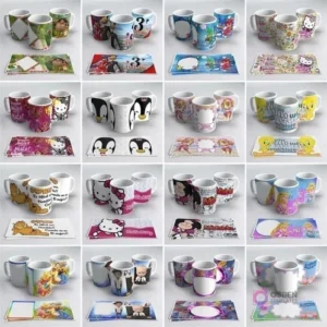 Tazas sublimadas con personajes infantiles como Paw Patrol, Hello Kitty, Snoopy, Trolls, PJ Masks, y Princesas Disney, incluyendo sus plantillas.