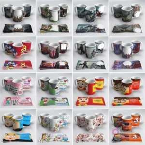 Variados diseños de tazas sublimadas con personajes de Dragon Ball Z, Super Mario, Minecraft, Avengers, Hulk, El Chavo y más, junto a sus plantillas.