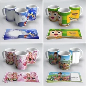 Tazas con diseños de Sonic, Chavo del 8, Frozen (Elsa y Anna) y Paw Patrol, acompañadas de sus plantillas listas para sublimar.