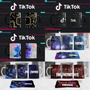 Tazas de sublimación con diseños de TikTok y Fortnite, mostrando plantillas listas para imprimir y personalizar.