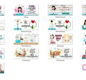 Grid de 17 plantillas de sublimación para tazas de diversas profesiones médicas como farmacéutica, ginecólogo, psicóloga, nutricionista, pediatra y veterinaria.