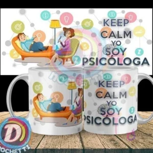 Taza sublimada con diseño de psicóloga 'Keep Calm Yo Soy Psicóloga' con una terapeuta en sesión y símbolos de ideas y conexiones.