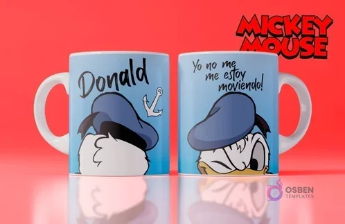 Taza blanca sublimada con diseño del Pato Donald de Disney, con su gorro de marinero azul, y la frase 'Yo no me estoy moviendo!' sobre fondo rojo. Taza blanca sublimada con diseño del Pato Donald de Disney, con su gorro de marinero azul, y la frase 'Yo no me estoy moviendo!' sobre fondo rojo.