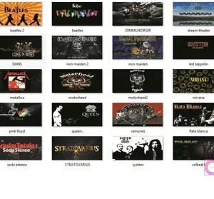 Vista en cuadrícula de 31 diseños de bandas de rock y metal para sublimar tazas, incluyendo logos de Anthrax, Beatles, Metallica, Nirvana, Queen.