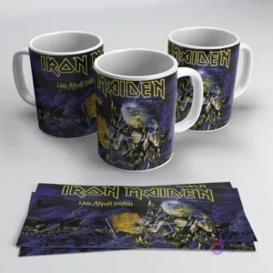 Mugs oscuros sublimados con la portada del álbum 'Live After Death' de Iron Maiden, presentando a Eddie the Head.