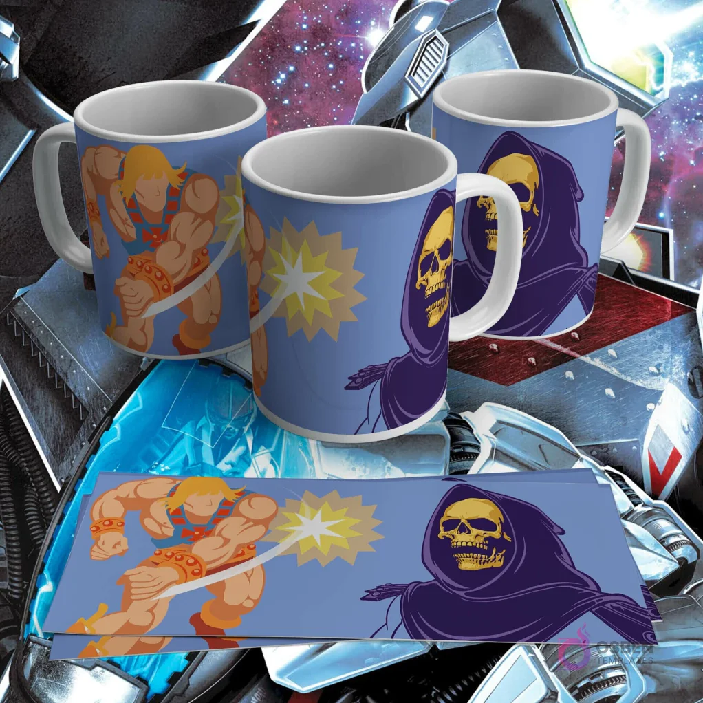 Taza sublimada con diseño de He-Man golpeando y Skeletor encapuchado en el fondo Taza sublimada con diseño de He-Man golpeando y Skeletor encapuchado en el fondo