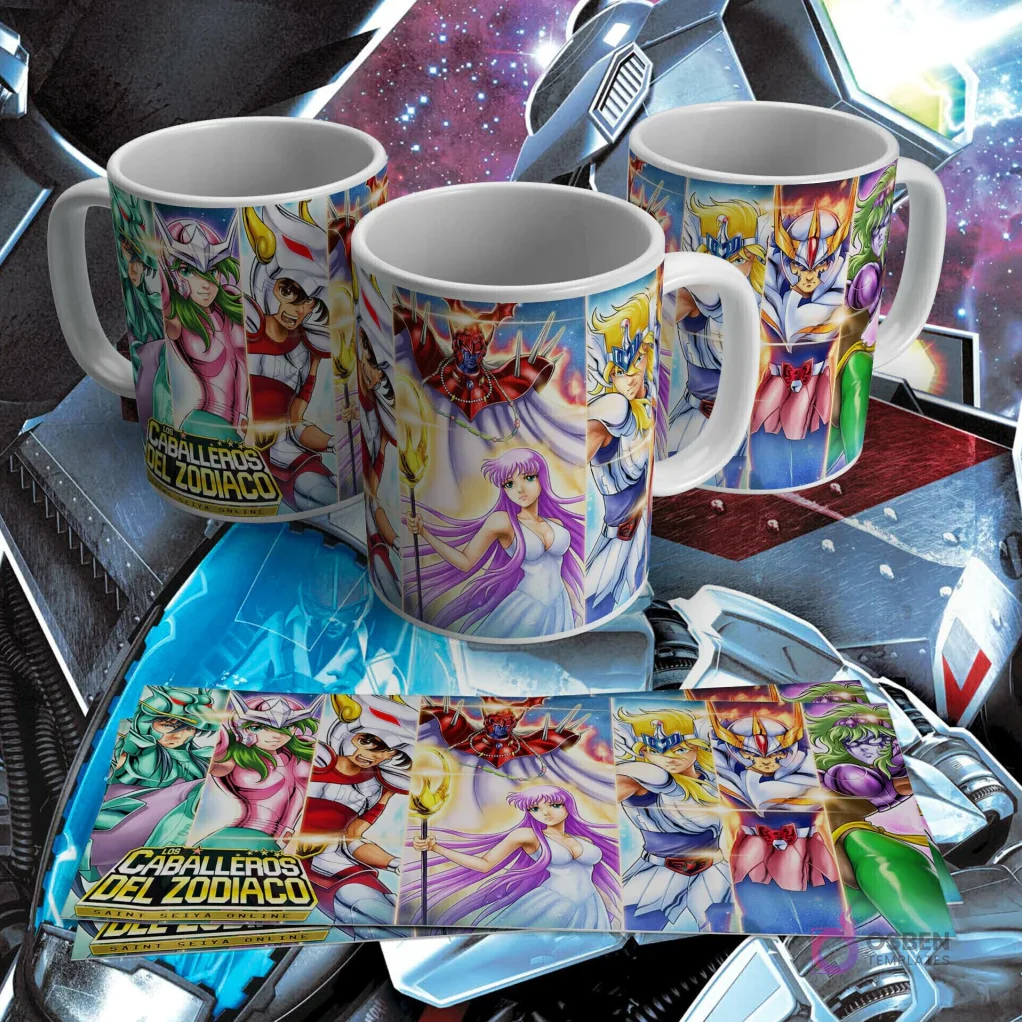 Taza sublimada con diseño de varios Caballeros del Zodiaco (Saint Seiya) y Atena Taza sublimada con diseño de varios Caballeros del Zodiaco (Saint Seiya) y Atena