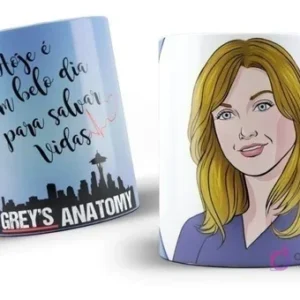 Taza de sublimación con diseño de Grey's Anatomy, frase "Hoje é um belo dia para salvar vidas" y personaje Meredith Grey ilustrada