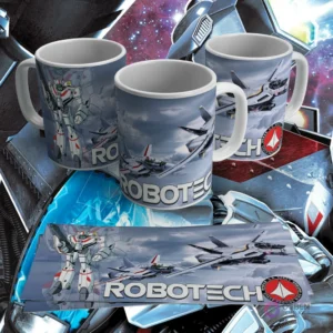 Taza sublimada con diseño de Robotech Valkyrie transformándose y logo en fondo de nubes