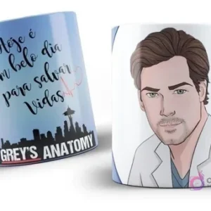 Taza de sublimación con diseño de Grey's Anatomy, frase "Hoje é um belo dia para salvar vidas" y personaje Derek Shepherd ilustrado