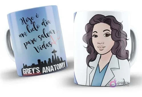 Taza de sublimación con diseño de Grey's Anatomy, frase "Hoje é um belo dia para salvar vidas" y personaje Cristina Yang ilustrada Taza de sublimación con diseño de Grey's Anatomy, frase "Hoje é um belo dia para salvar vidas" y personaje Cristina Yang ilustrada