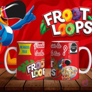 Mockup de dos tazas blancas con diseños de Froot Loops en rojo, tucán Sam y frases 'Me haces feliz' y '¿Puedo ser la leche de tus Froot Loops?' sobre fondo rojo.