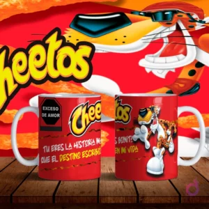 Mockup de dos tazas blancas con diseños de Chester Cheetos en rojo y frase de amor 'Tú eres la historia más bonita que el destino escribió en mi vida' sobre fondo naranja de Cheetos.