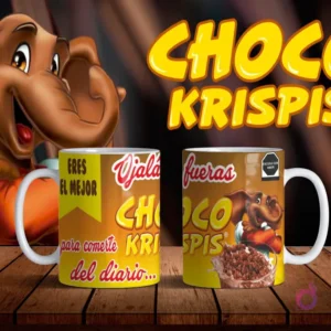 Mockup de dos tazas blancas con diseños de Choco Krispis en amarillo, elefante Melvin y frase 'Ojalá fueras Choco Krispis para comerte del diario...' sobre fondo oscuro.