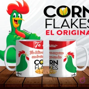 Mockup de dos tazas blancas con diseños de Corn Flakes y el gallo Cornelio, frase 'Tus labios no se comparan con lo rico de los Corn Flakes' sobre fondo blanco.