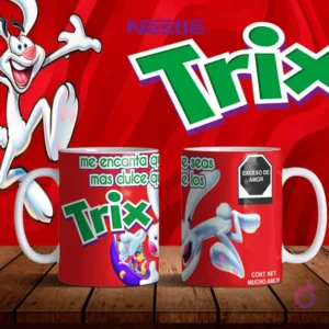 Mockup de dos tazas blancas con diseños de Trix en rojo, el conejo Trix y frase 'Me encanta que seas más dulce que los Trix' sobre fondo rojo.