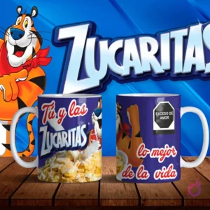 Mockup de dos tazas blancas con diseños de Zucaritas en morado, Tony el Tigre y frase 'Tú y las Zucaritas, lo mejor de la vida' sobre fondo azul.