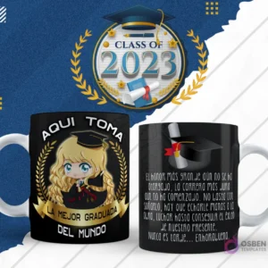 Plantilla para taza de graduación en diseño negro con ilustración chibi de egresada femenina y 'Aquí toma la mejor graduada del mundo', lado reverso con frase motivacional.