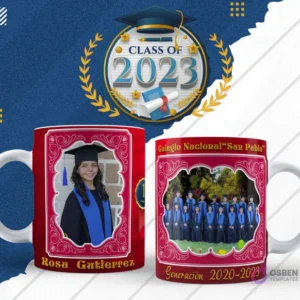 Plantilla para taza de graduación en diseño rojo con marco festoneado y foto de egresada, lado reverso con foto grupal de egresados y 'Generación 2020-2023'.