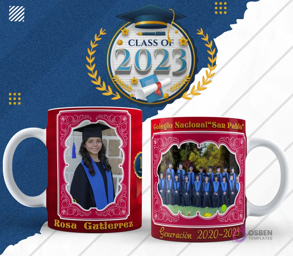 Plantilla para taza de graduación en diseño rojo con marco festoneado y foto de egresada, lado reverso con foto grupal de egresados y 'Generación 2020-2023'. Plantilla para taza de graduación en diseño rojo con marco festoneado y foto de egresada, lado reverso con foto grupal de egresados y 'Generación 2020-2023'.