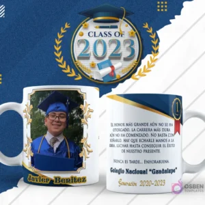 Plantilla para taza de graduación en diseño blanco con foto de egresado en toga azul, lado reverso con frase motivacional y nombre de colegio.