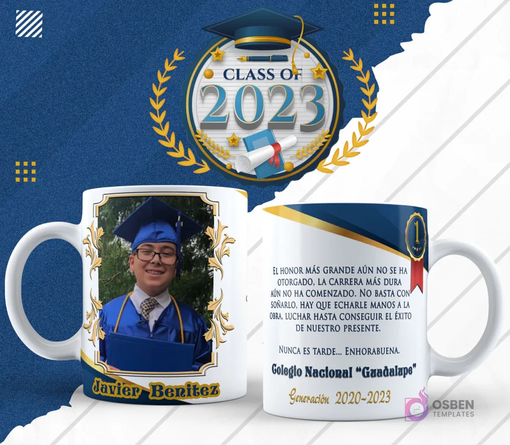 Plantilla para taza de graduación en diseño blanco con foto de egresado en toga azul, lado reverso con frase motivacional y nombre de colegio. Plantilla para taza de graduación en diseño blanco con foto de egresado en toga azul, lado reverso con frase motivacional y nombre de colegio.