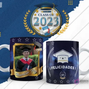Plantilla para taza de graduación en diseño azul oscuro con estrellas y foto de egresado, lado reverso con birrete y texto '¡Felicitaciones!'.