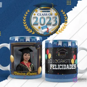 Plantilla para taza de graduación en diseño azul claro con globos y foto de egresada, lado reverso con 'Lo Lograste, Felicidades!'.