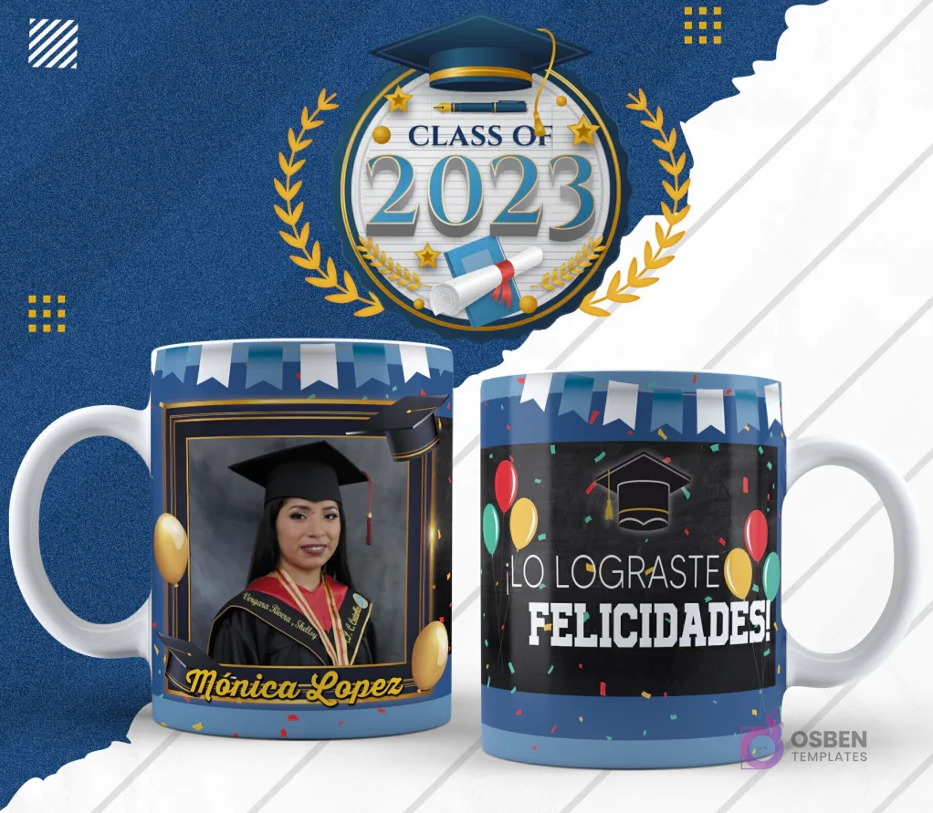 Plantilla para taza de graduación en diseño azul claro con globos y foto de egresada, lado reverso con 'Lo Lograste, Felicidades!'. Plantilla para taza de graduación en diseño azul claro con globos y foto de egresada, lado reverso con 'Lo Lograste, Felicidades!'.