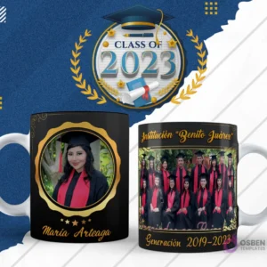 Plantilla para taza de graduación en diseño negro con marco redondo dorado y foto de egresada, lado reverso con foto grupal de egresados y 'Generación 2019-2023'.