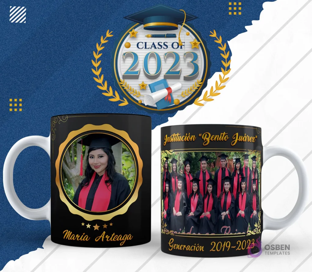Plantilla para taza de graduación en diseño negro con marco redondo dorado y foto de egresada, lado reverso con foto grupal de egresados y 'Generación 2019-2023'. Plantilla para taza de graduación en diseño negro con marco redondo dorado y foto de egresada, lado reverso con foto grupal de egresados y 'Generación 2019-2023'.