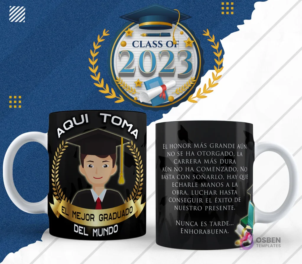 Plantilla para taza de graduación en diseño negro con ilustración chibi de egresado masculino y 'Aquí toma el mejor graduado del mundo', lado reverso con frase motivacional. Plantilla para taza de graduación en diseño negro con ilustración chibi de egresado masculino y 'Aquí toma el mejor graduado del mundo', lado reverso con frase motivacional.