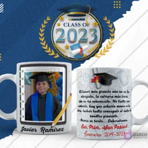 Plantilla para taza de graduación en diseño blanco con fondo de cuaderno, foto de egresado, lado reverso con birrete y frase motivacional, 'Generación 2019-2023'.