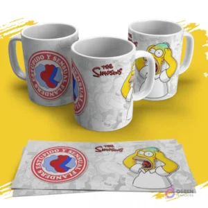 Tres tazas sublimadas de Los Simpsons con diseño de Homer gritando con las manos en la cabeza y el logo 'Estúpido y Sensual Flanders'. Las plantillas impresas están debajo.