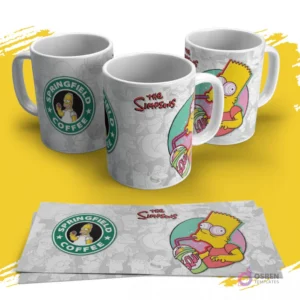 Tres tazas sublimadas de Los Simpsons con diseño de Bart Simpson bebiendo un 'Squishy'. Una taza muestra el logo 'Springfield Coffee' con Homer. Las plantillas impresas están debajo.