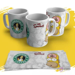 Tres tazas sublimadas de Los Simpsons con diseño de la cabeza de Homer abierta mostrando un cerebro de mono. Una taza muestra el logo 'Springfield Coffee' con Homer. Las plantillas impresas están debajo.
