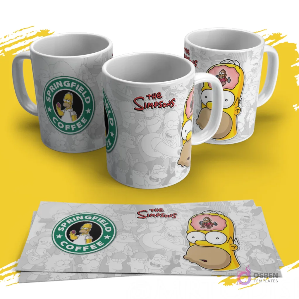 Tres tazas sublimadas de Los Simpsons con diseño de la cabeza de Homer abierta mostrando un cerebro de mono. Una taza muestra el logo 'Springfield Coffee' con Homer. Las plantillas impresas están debajo. Tres tazas sublimadas de Los Simpsons con diseño de la cabeza de Homer abierta mostrando un cerebro de mono. Una taza muestra el logo 'Springfield Coffee' con Homer. Las plantillas impresas están debajo.